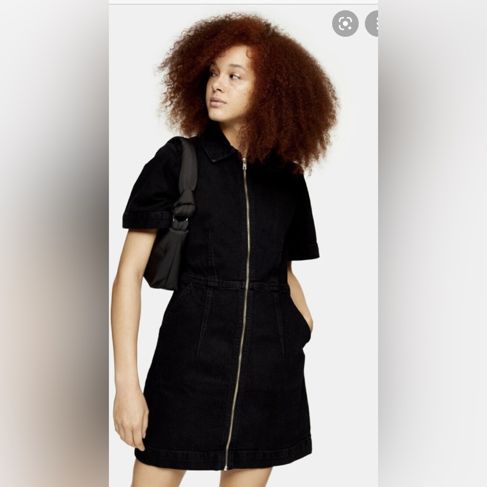 Topshop Black Denim Zip-Up Shirt Dress - UK12/US8